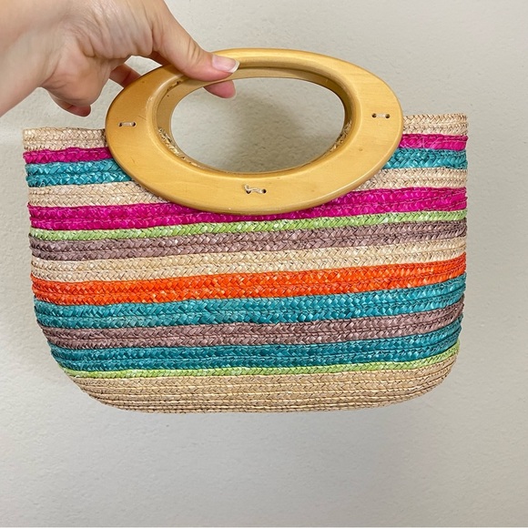 MULTICOLOR STRIPED SMALL STRUCTURED STRAW SUMMER PURSE - Picture 1 of 8